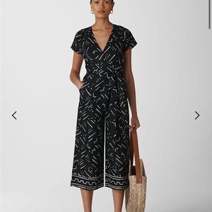 Whistles Etta Linen Jumpsuit Black White Kuba Print
